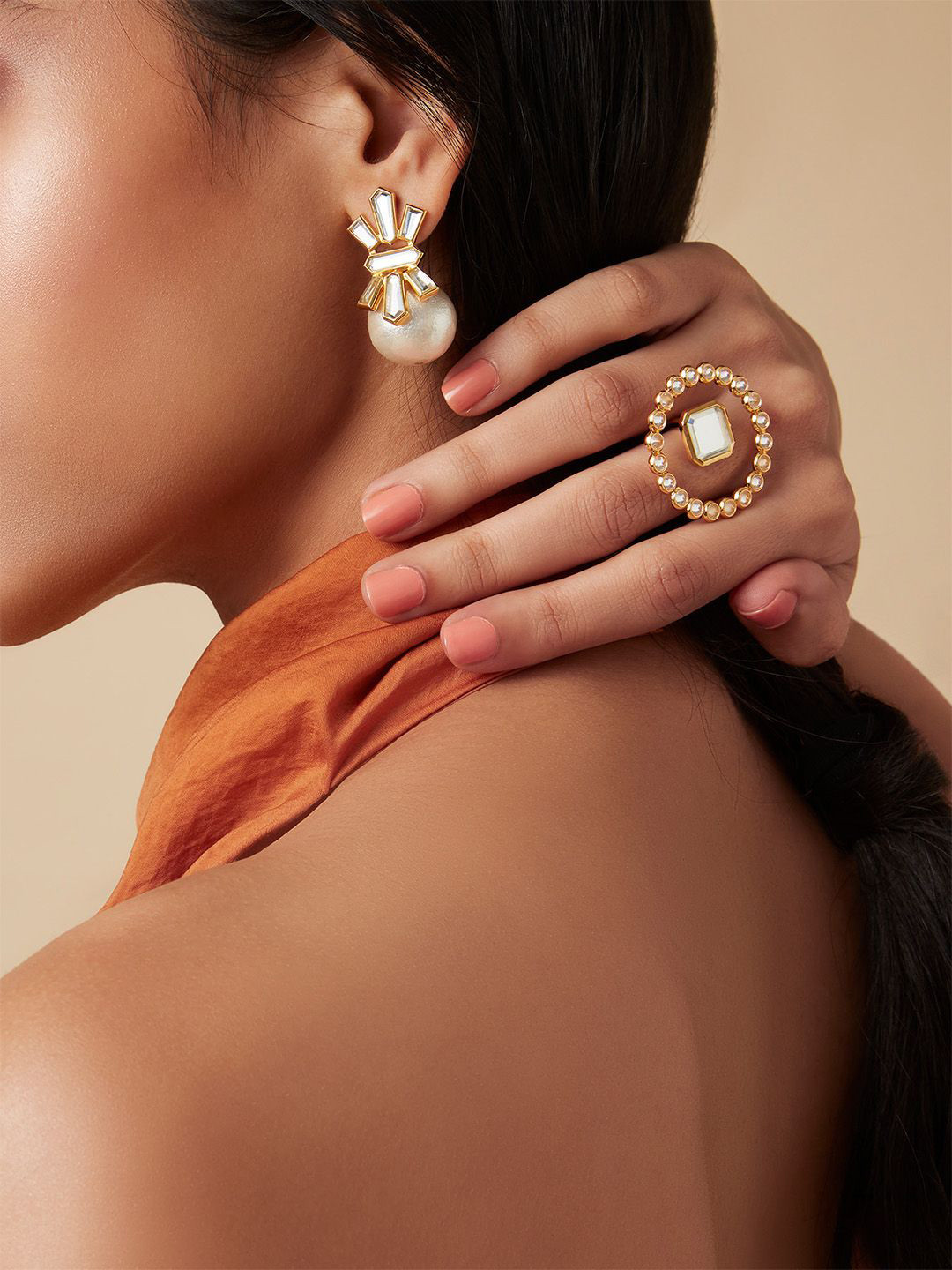 Isharya Mirrors On The Move 2.0 Gold Plated Satelite Crystals & Mirror Studded Finger Ring