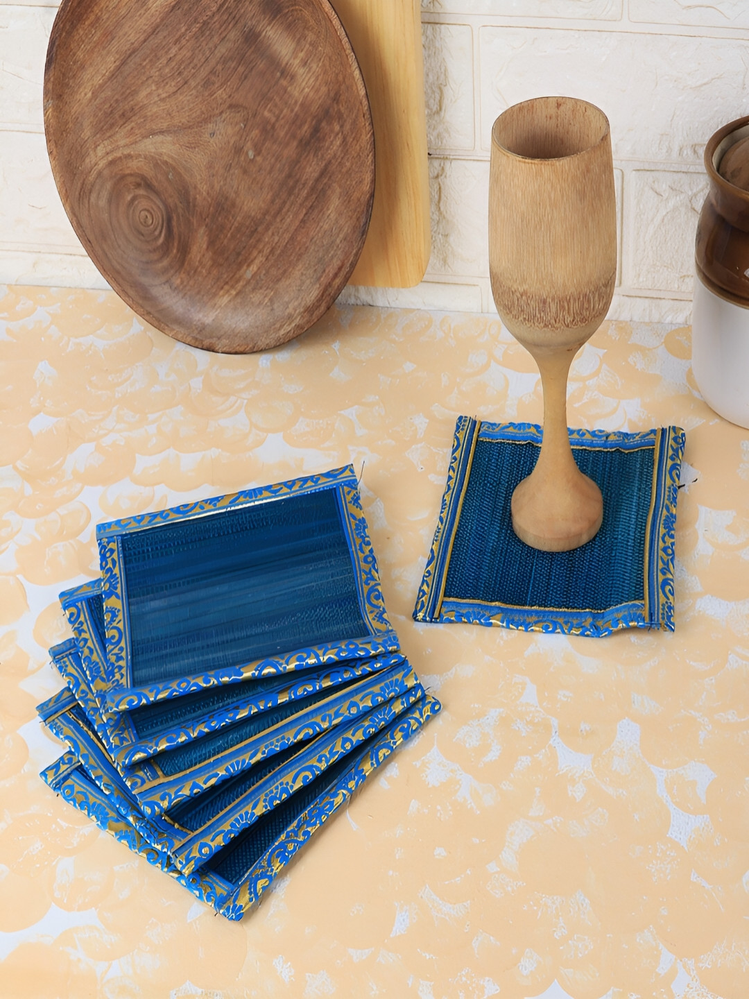 Silpakarman Blue 6 Pieces Self-designed Bamboo Square Coasters