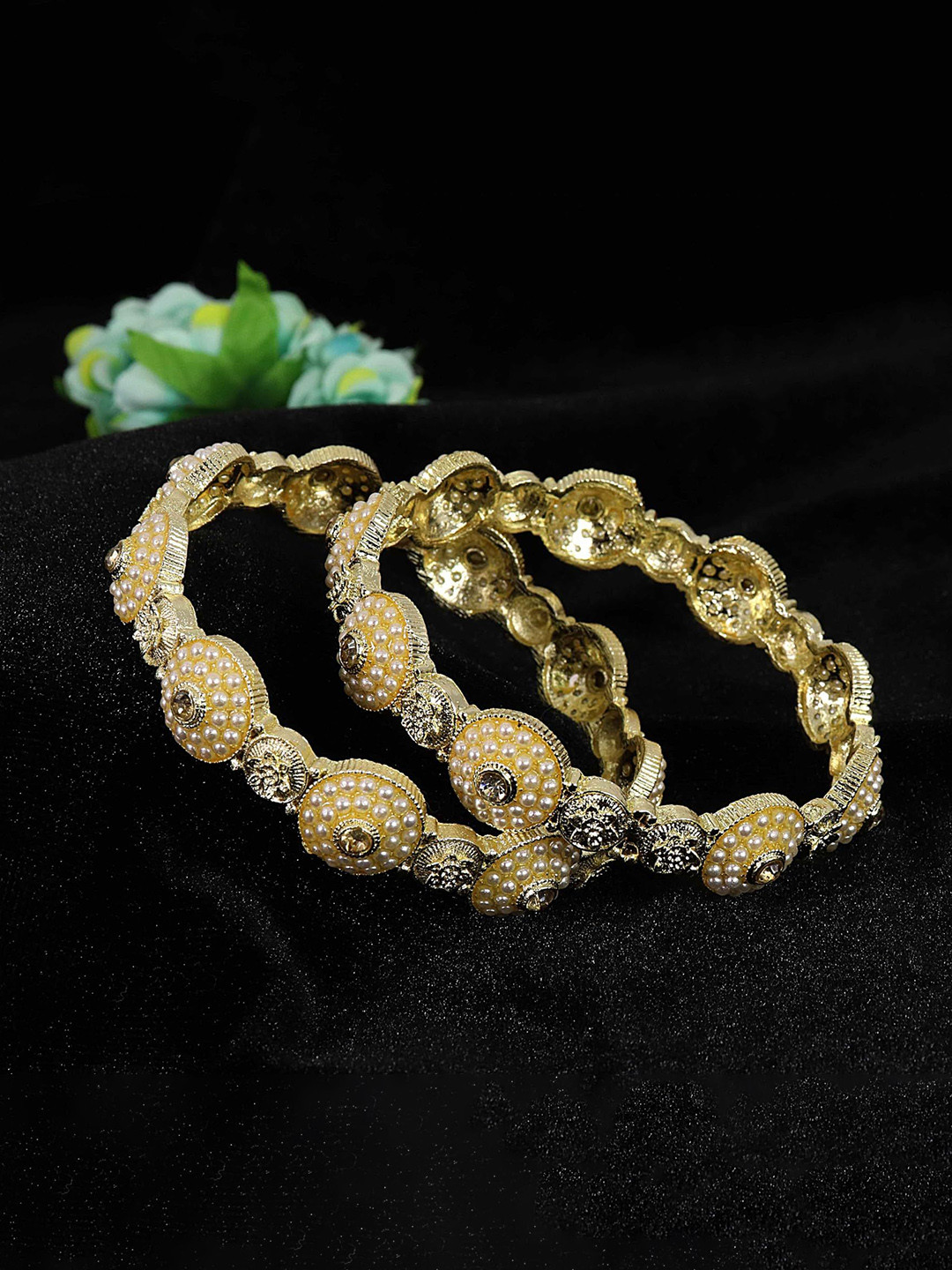 ZULKA Pack Of 2 Gold Plated Pearls Moti & Zircon Stone Pacheli Bangles