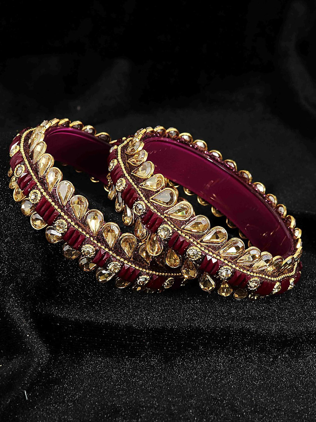 ZULKA Set of 2 Glass Golden Kundan & Zircon Stone Studded Bangles Kada