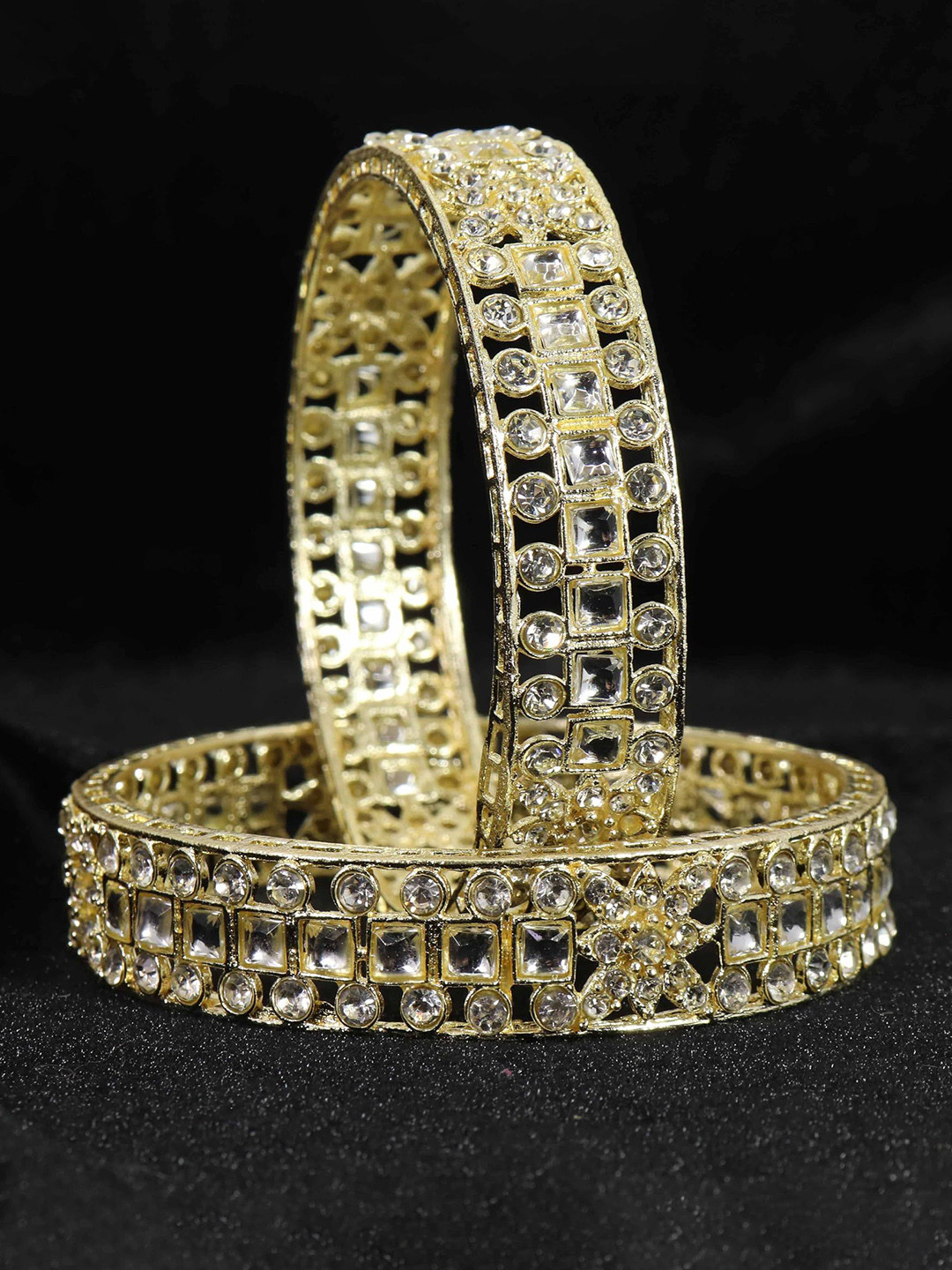 ZULKA Set of 2 Gold Plated Metal Kada Bangles  with American Diamond Stone
