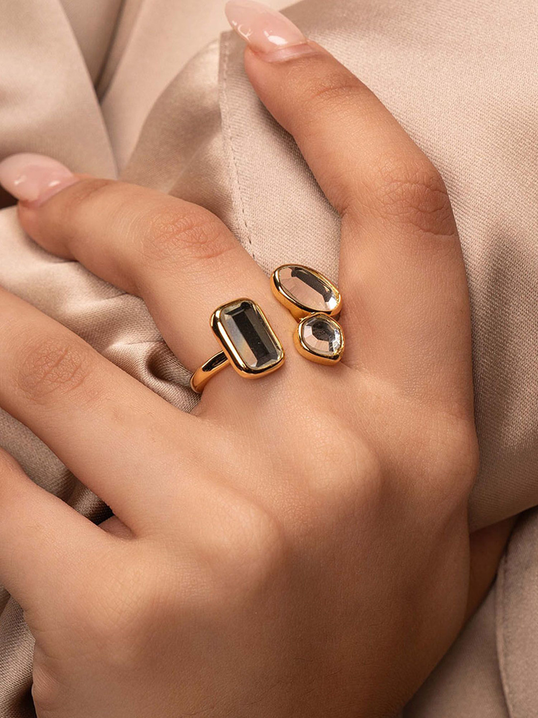 Isharya Gold Plated Stones Studded Mirror Open Finger Ring