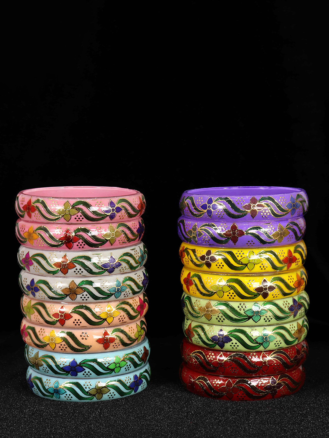 ZULKA Set of 16 Flower Print Glass Kada Combo