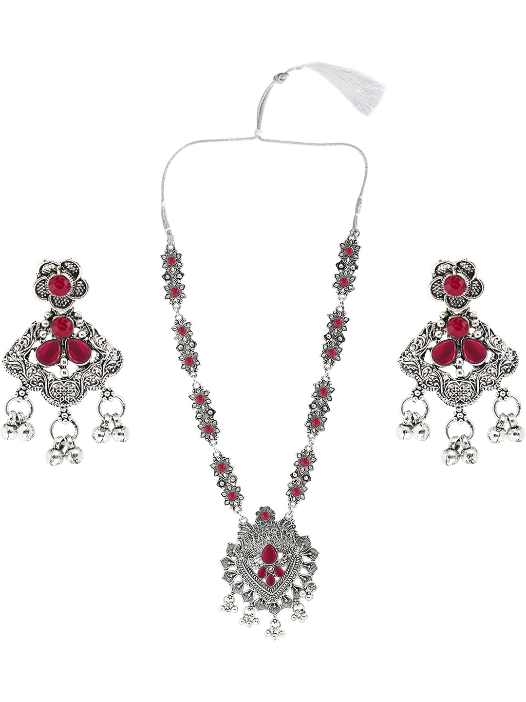 SUNHARI Stones Studded Long Flower Peacock Shaped Jewellery Set