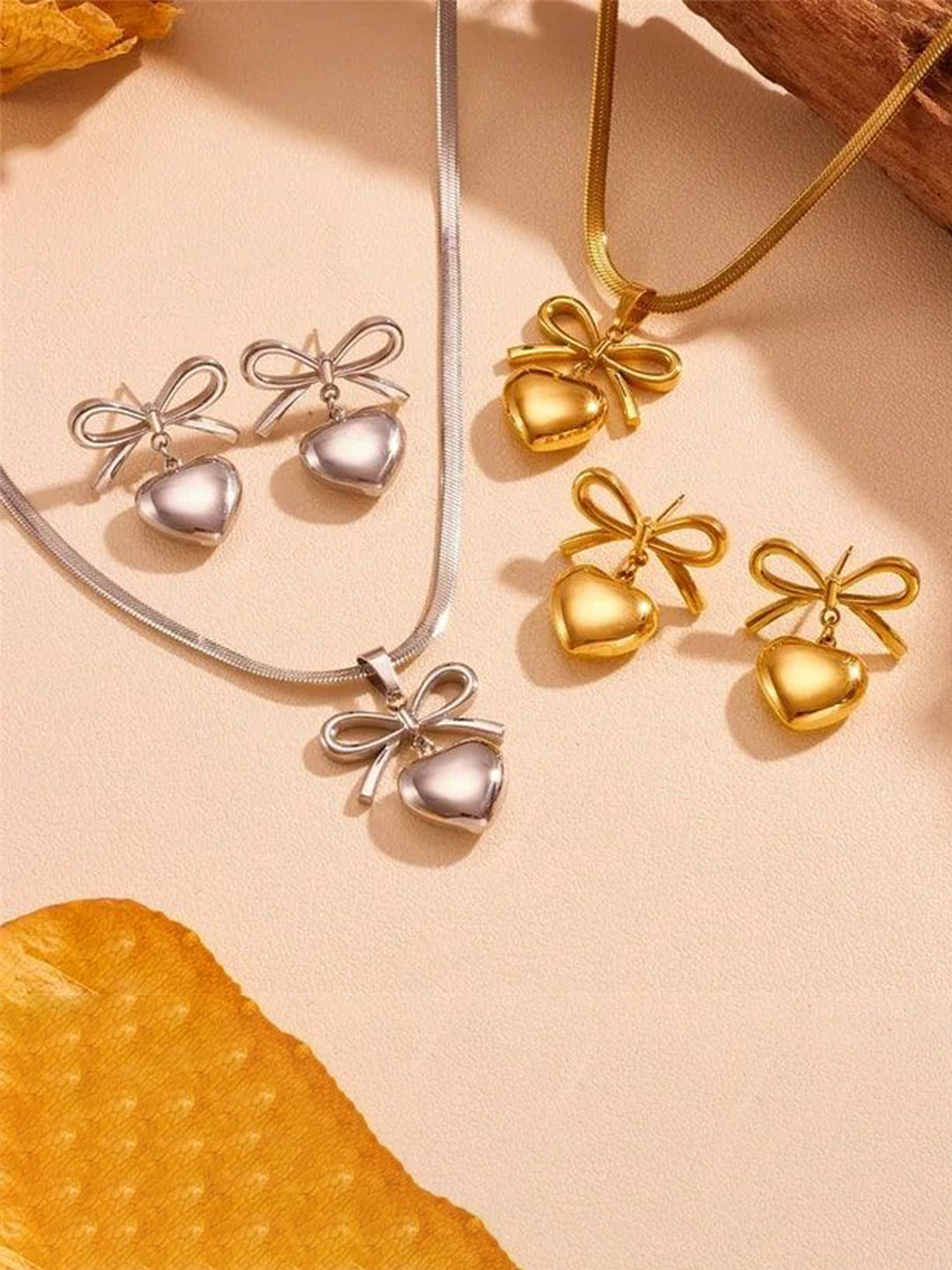 JEWILLEY Gold Plated Bow Heart Linked Anti Tarnish Necklace With Earrings