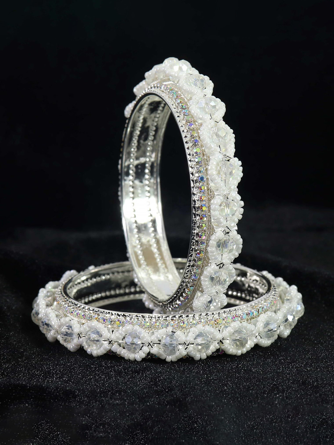 ZULKA Set of 2 Premium Metal White Pearls & American Diamond Studded Bangles