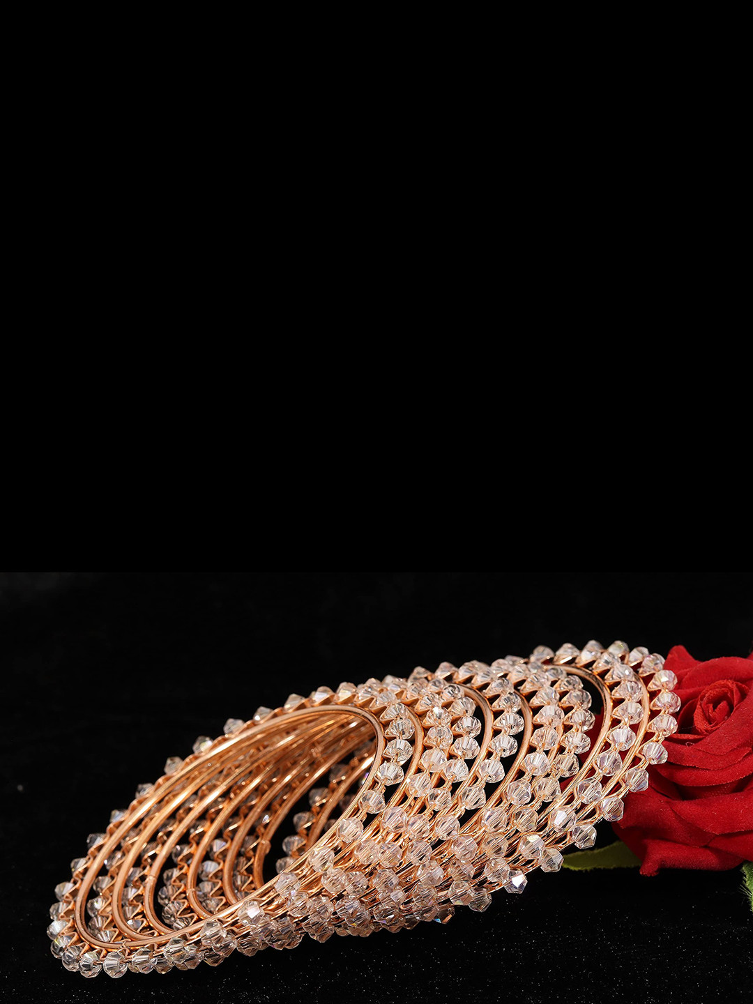 ZULKA Pack Of 8 Rose Gold-Plated Pearls Studded Metal Bangles