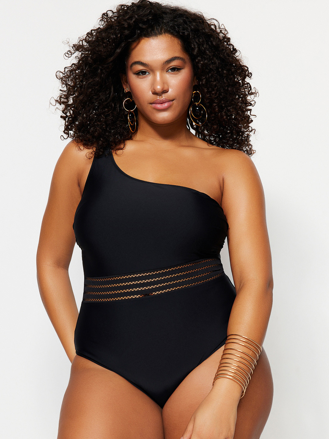 Trendyol Plus Size One Shoulder Sleeveless Swim Bodysuit