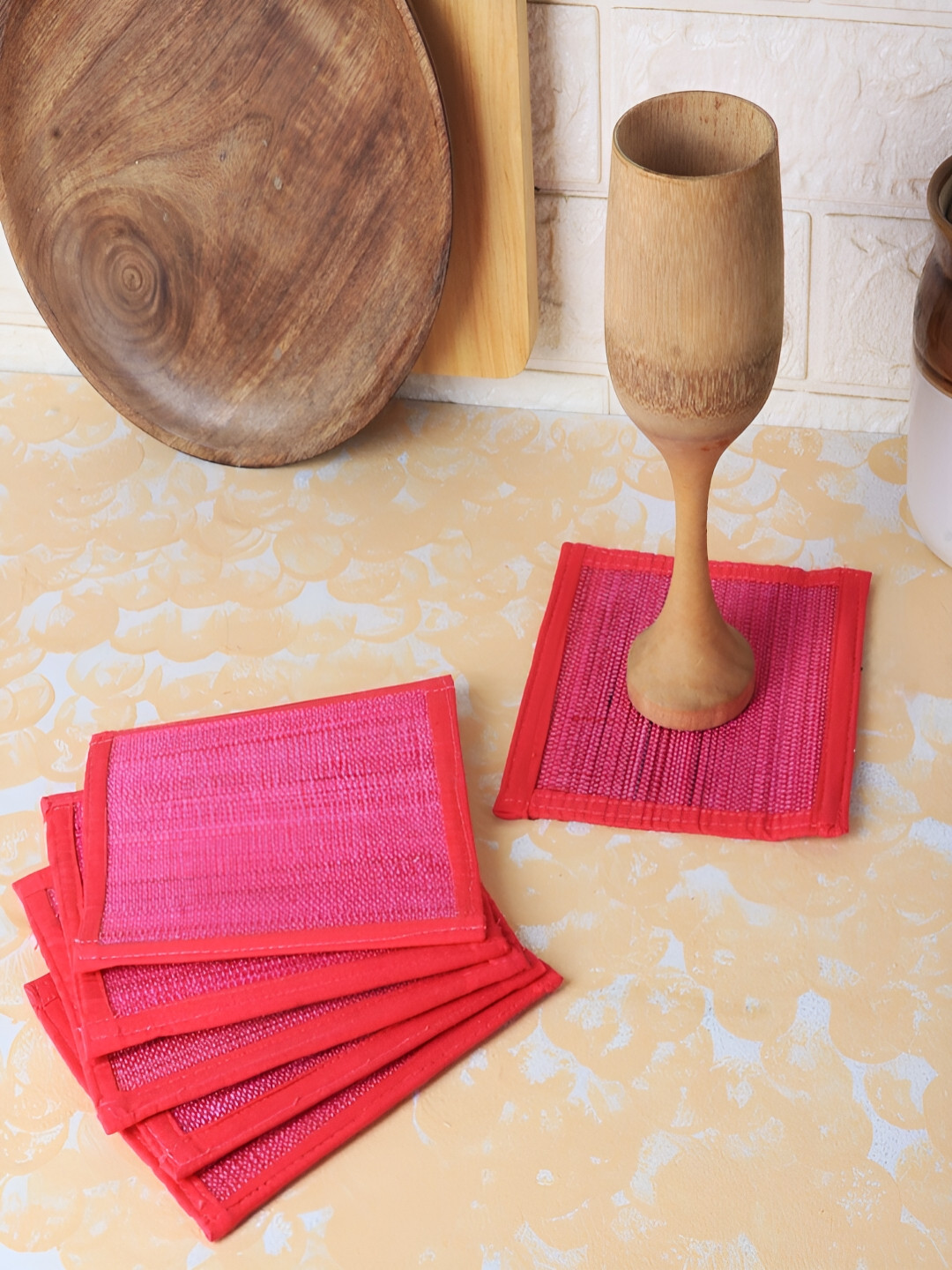 Silpakarman Pink 6 Pieces Patterned Bamboo Sticks & Cotton Threads Square Coasters