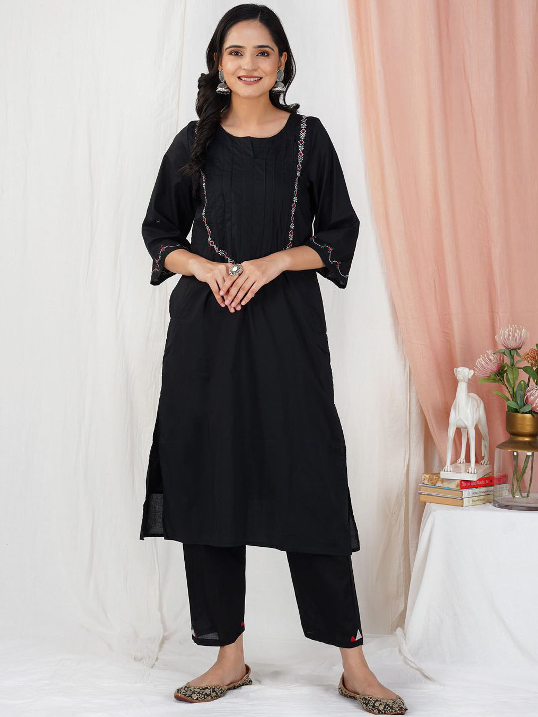 zuri Tribal Embroidered Round Neck Three-Quarter Sleeves Regular Cotton Silk Kurta