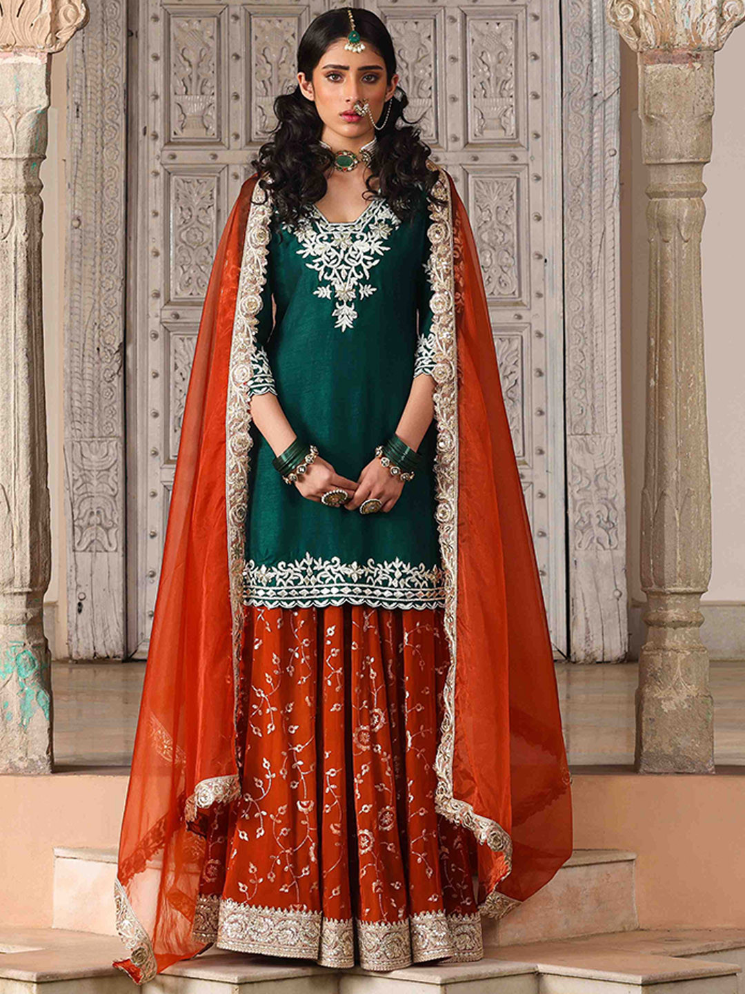 The Front Row Ethnic Motifs Embroidered Pure Silk Kurti with Skirt & Dupatta