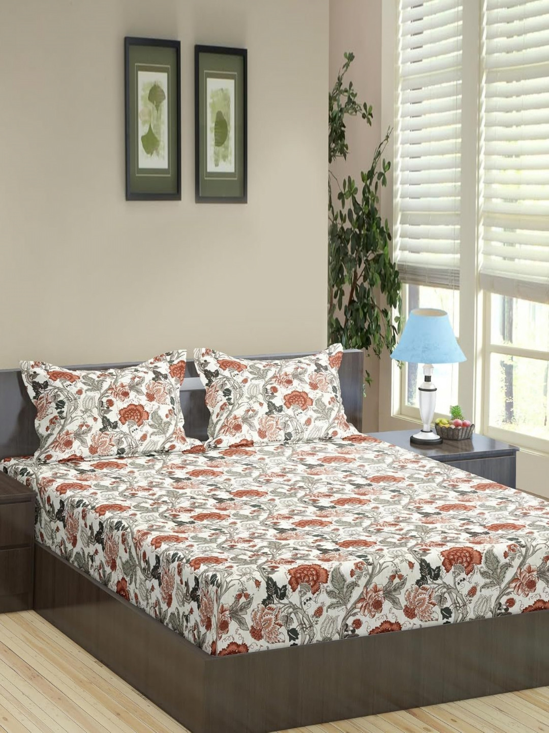 Trance Home Linen Copper Floral Cotton 180 TC Queen Fine Bedsheet with 2 Pillow Covers-86 x 104 inches