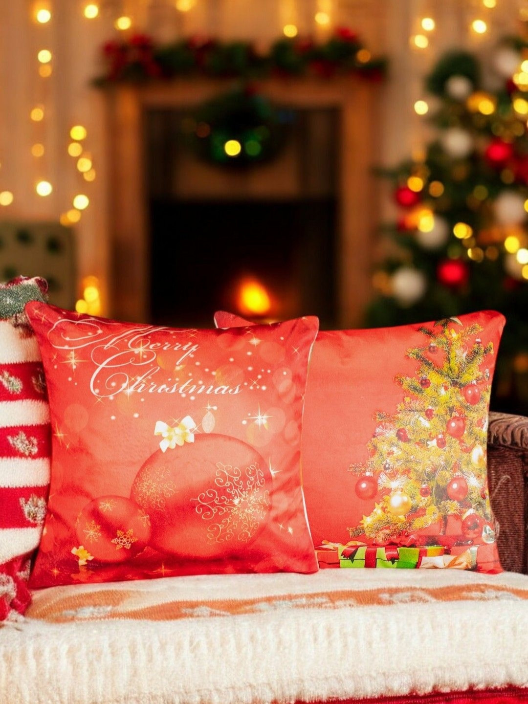 Vendola Red Balls Red Floral Velvet Washable 2 Piece Square Cushion Covers - 16x16In