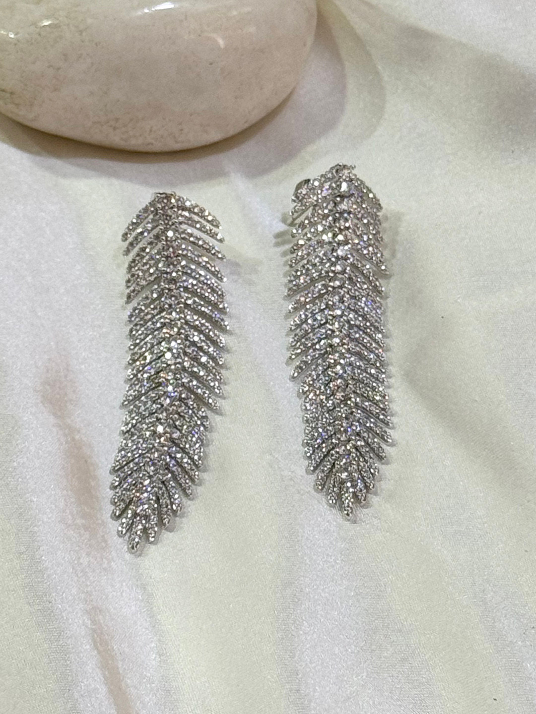The Jewellery Tale Silver-Plated American Diamond Stone Studded Leaf Shaped Drop Earrings