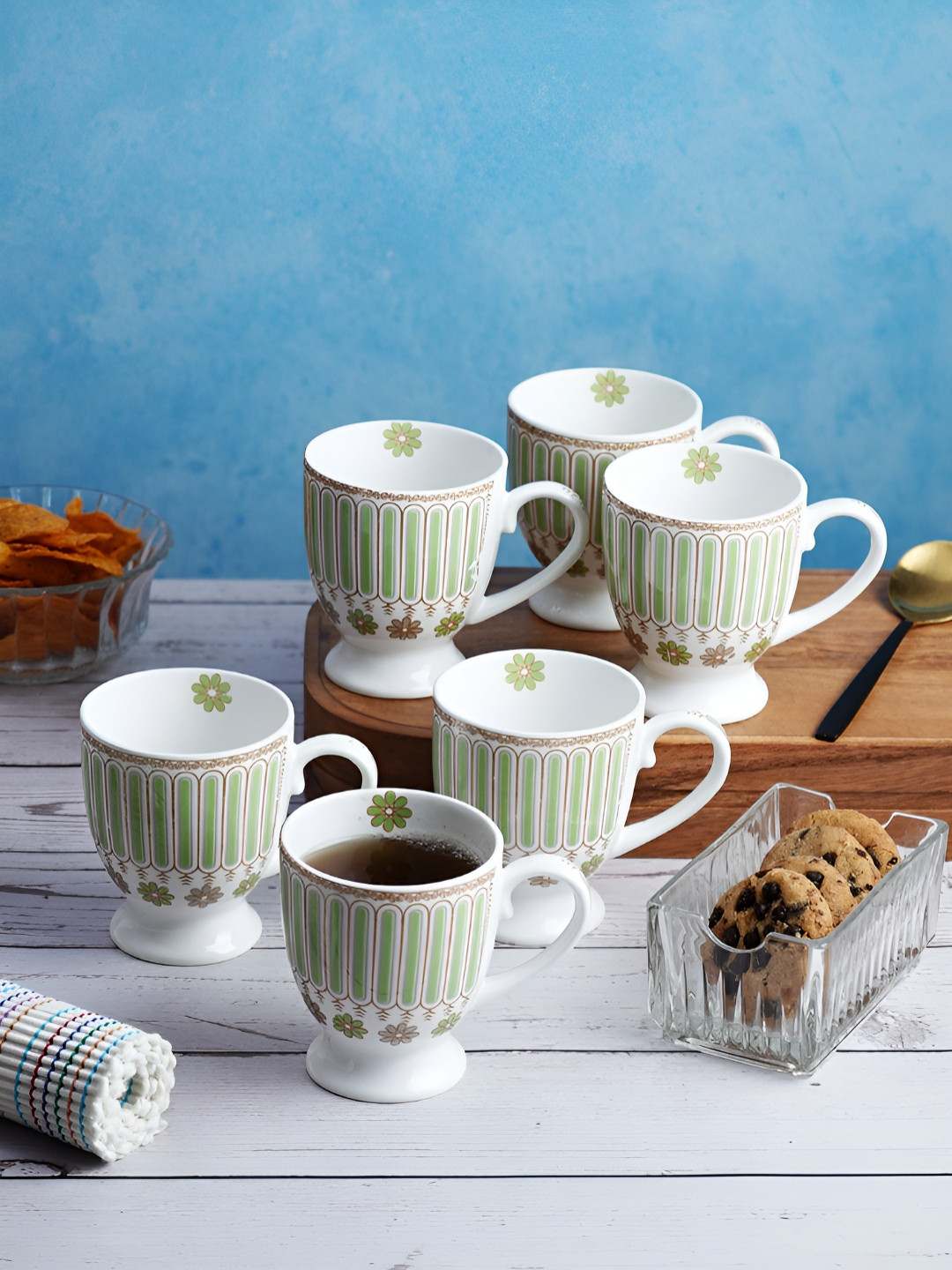 Aura Oxford White Floral Ceramic Handmade 6 Piece Mugs-180ml