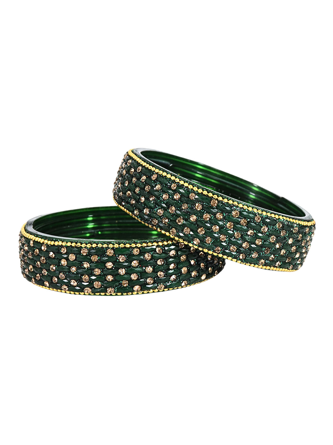 ZULKA Set of 2 Zircon Diamond Stone Studded & Beaded Kada Bangles