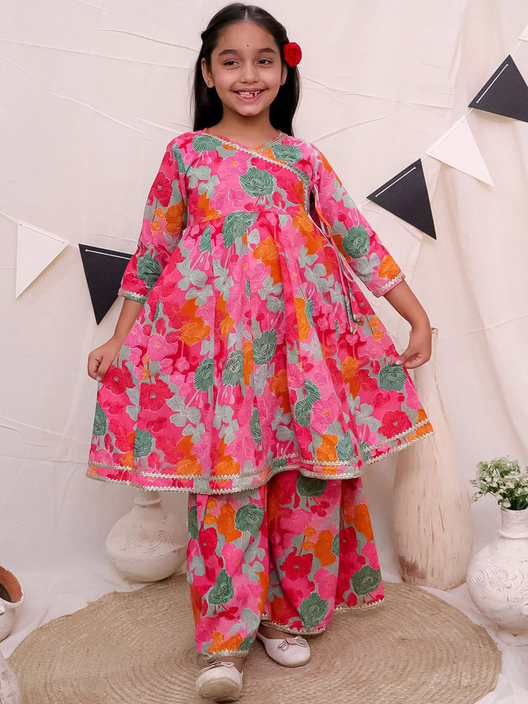 Ka-mee Girls V-Neck Floral Printed Panelled Pure Cotton A-Line Kurta with Sharara