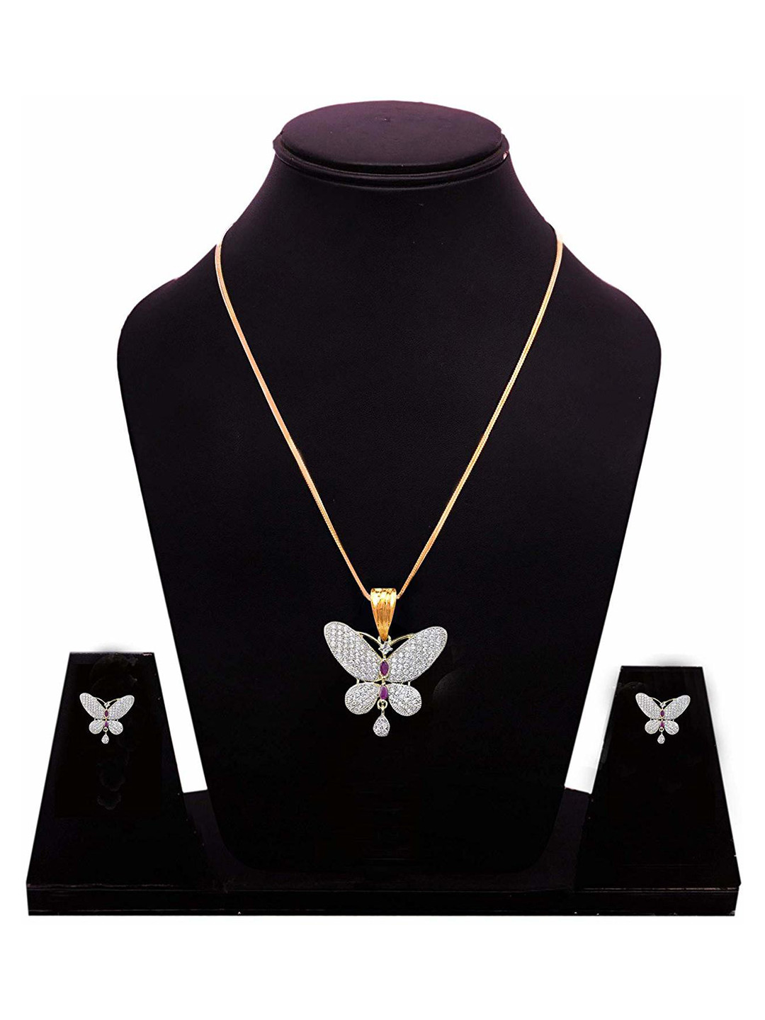 SUNHARI Gold Plated Cubic Zirconia Studded Butterfly Design Jewellery Set