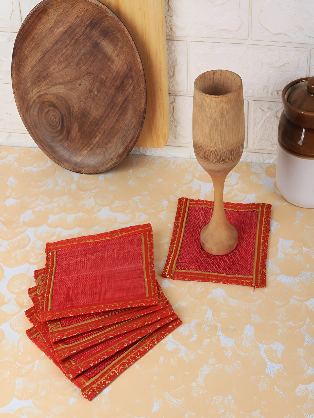 Silpakarman Red 6 Pieces Self-designed Bamboo Square Coasters