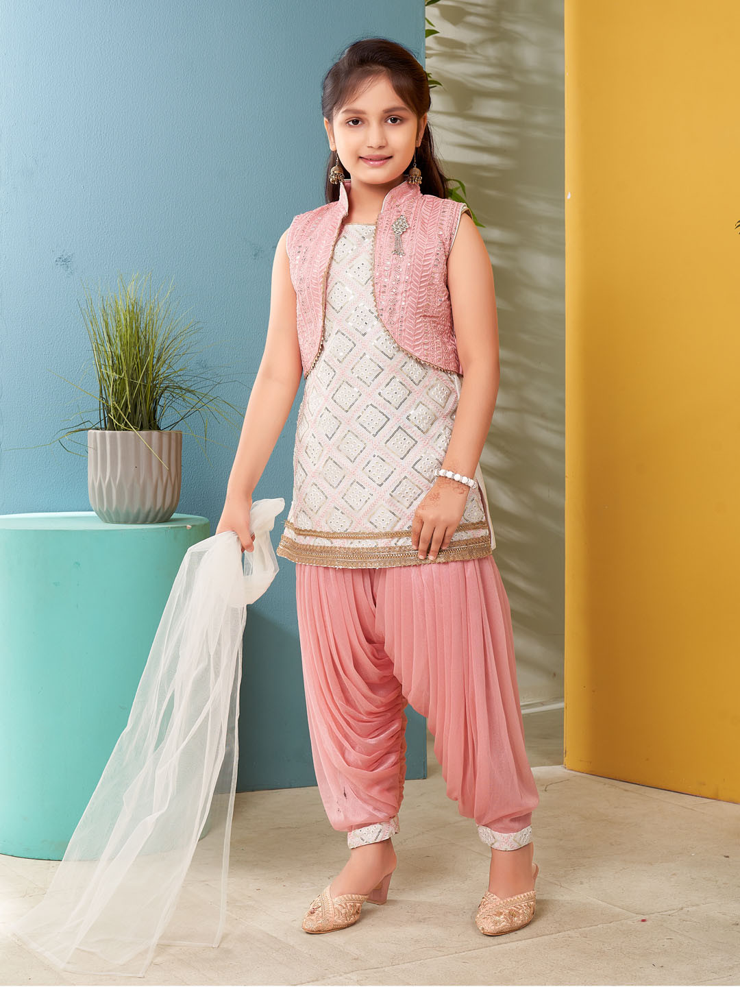 Sangria Girls Sequin Embroidered Lace Work Silk Kurti Patiala  & Dupatta With Jacket