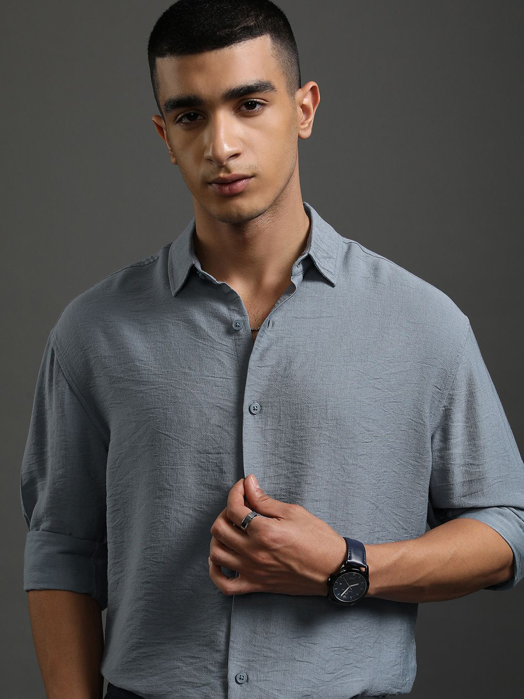 HIGHLANDER Men Spread Collar Textured Relaxed Fit Casual Shirt