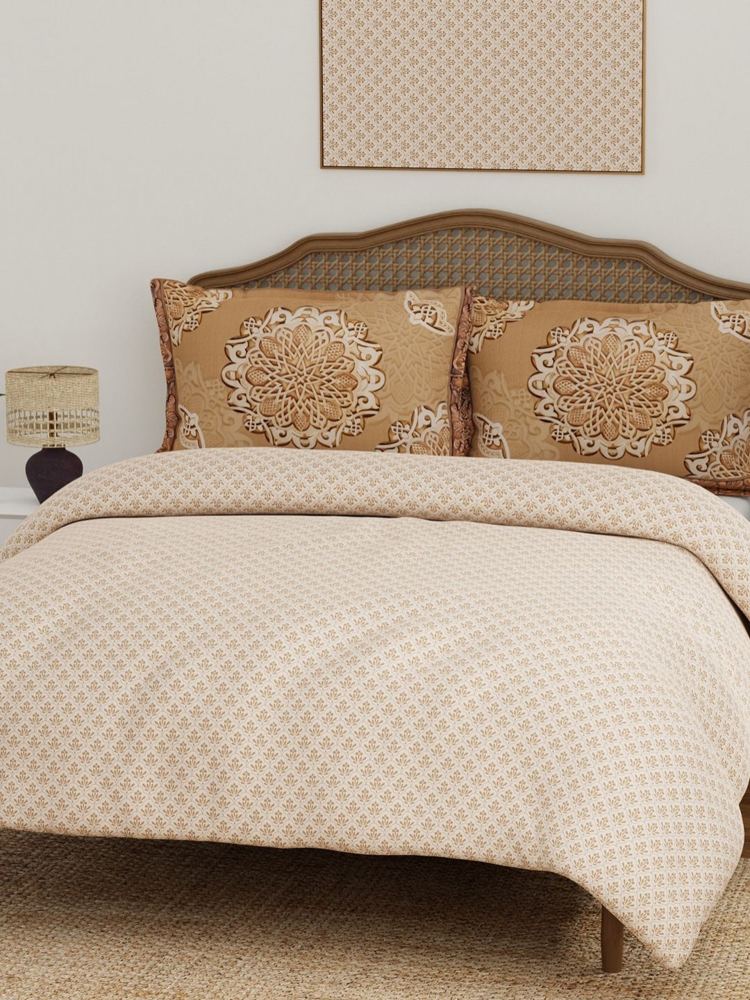 Boutique Living India Beige Ethnic Motifs 200 TC Cotton King Bedsheet Set 2.74 m x 2.74 m