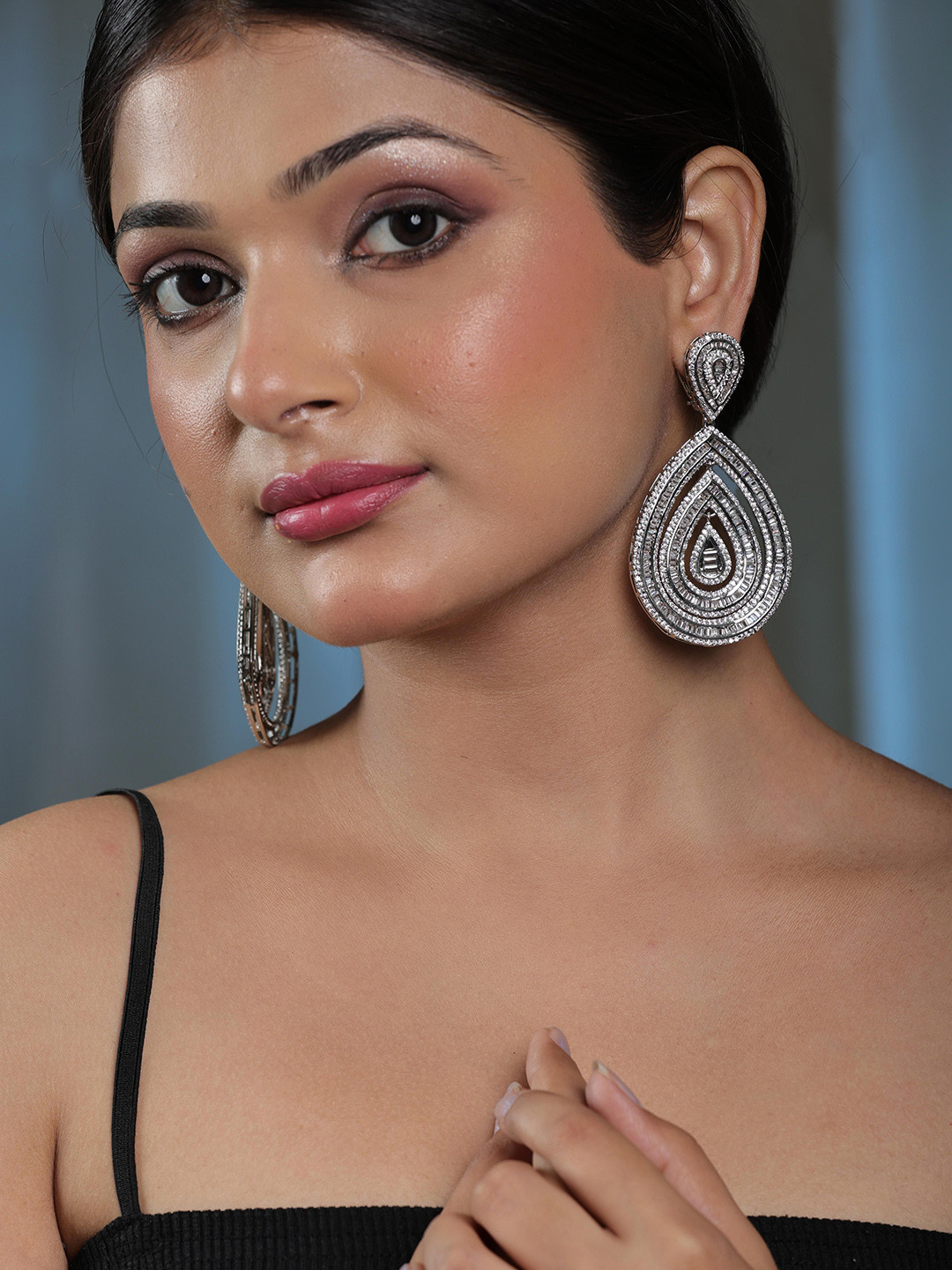 STYLE DECO Silver Plated CZ Studded Contemporary Drop Earrings