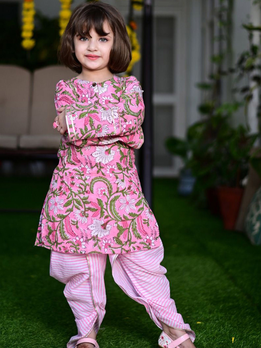 CORD OF LOVE Girls Floral Printed Regular Pure Cotton Straight Kurta with Dhoti Pants