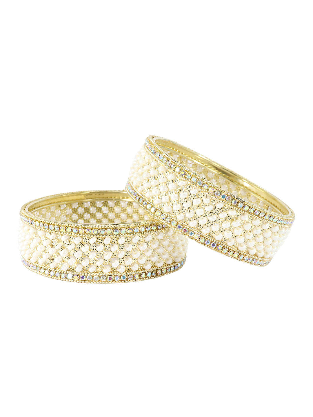 ZULKASet of 2 Premium Metal White Moti Pearls & Diamond Kada Bangles