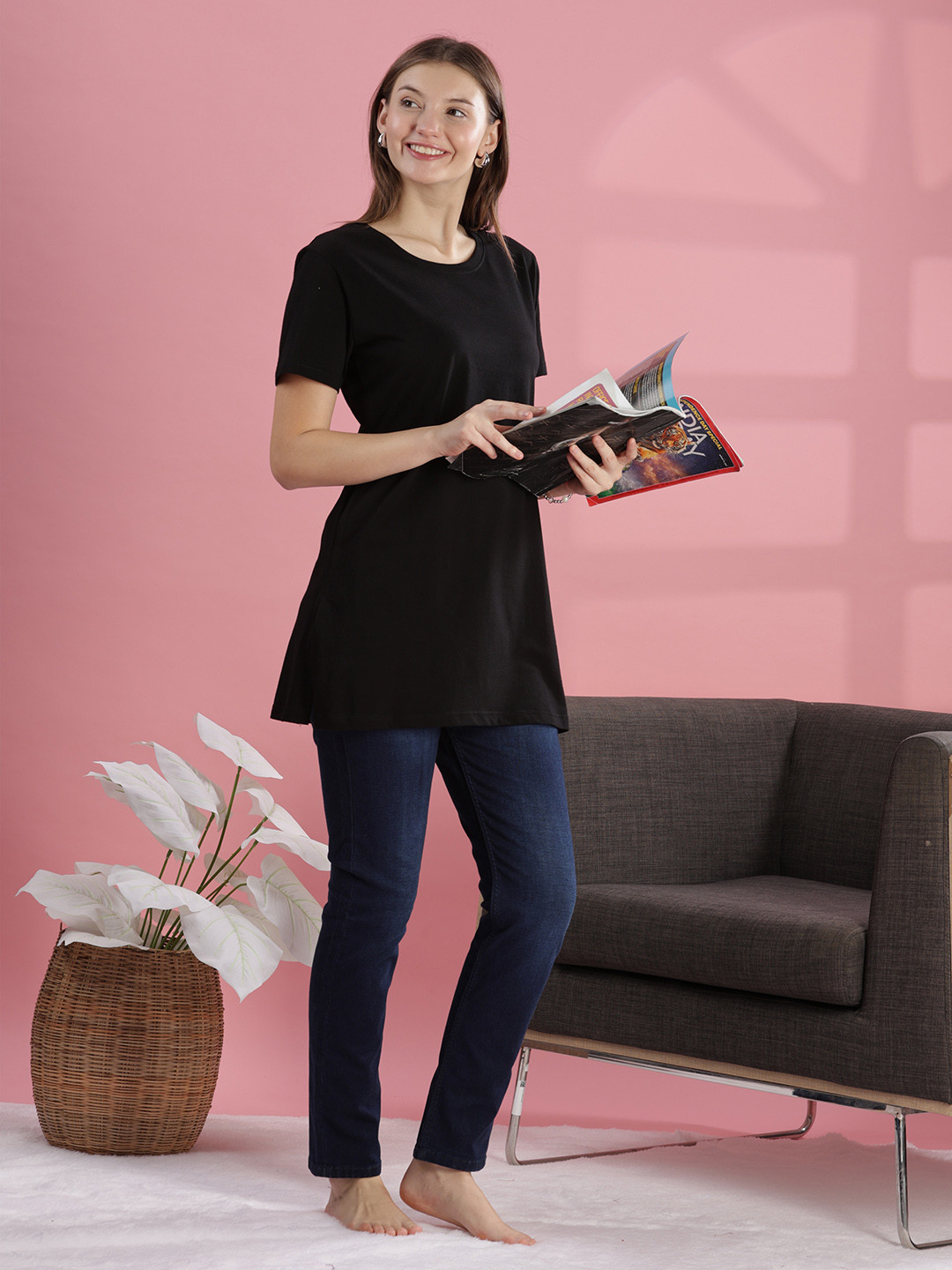 9shines Label Women Cotton Long Plain Lounge T-Shirt