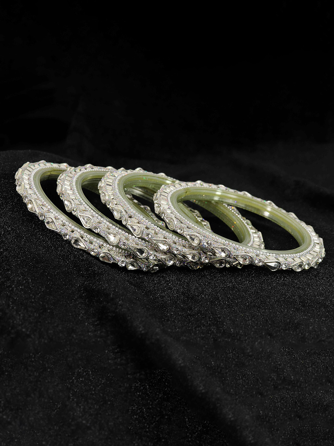 ZULKA Set of 4 Alloy Base Zircon Stones & Beads Studded Fancy Bangles