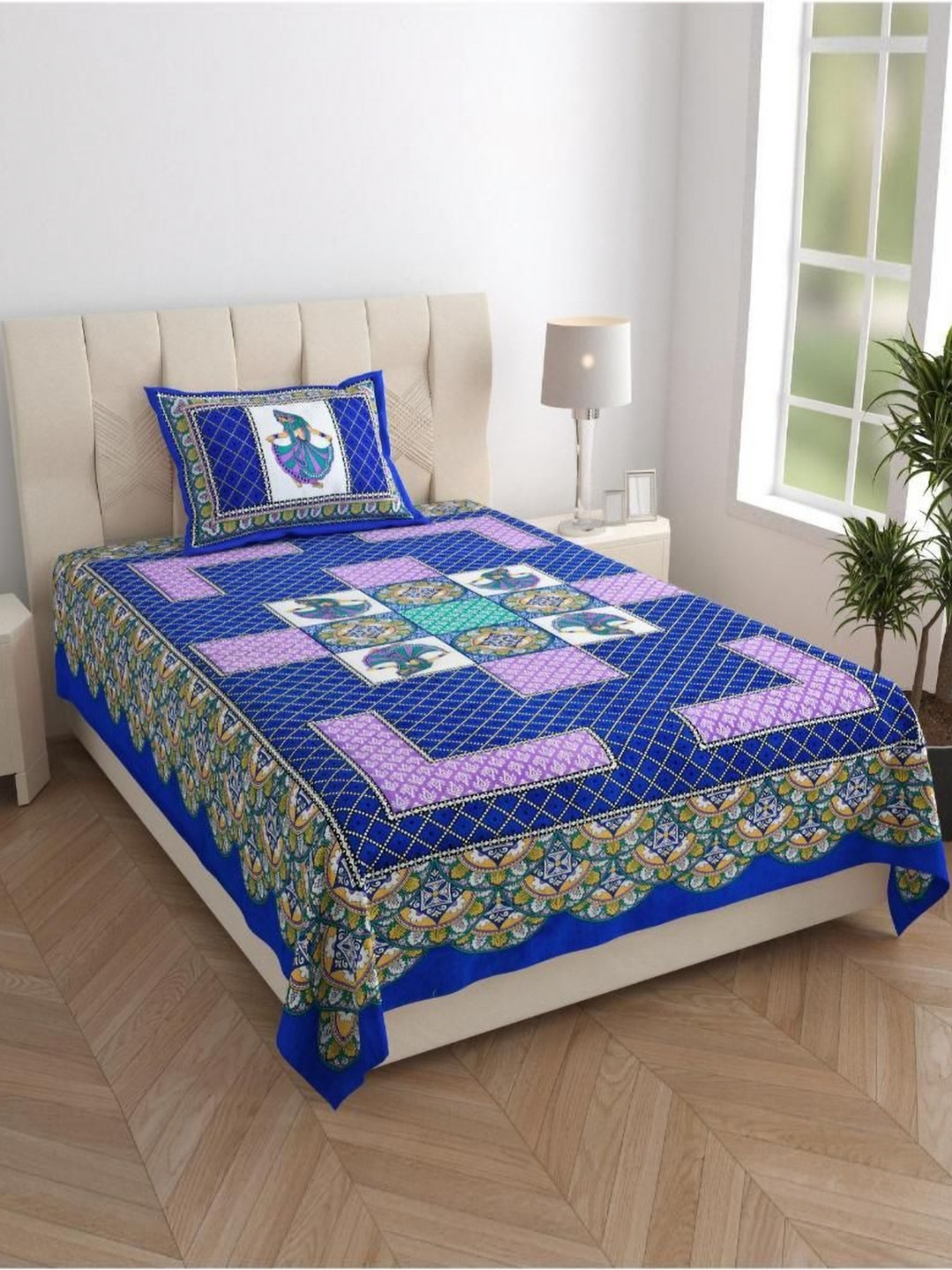 UNIQCHOICE Jaipuri Traditonal Blue Ethnic Motifs Pure Cotton 120 TC Single Bedsheet with a Pillow Cover-89 x 59 inches