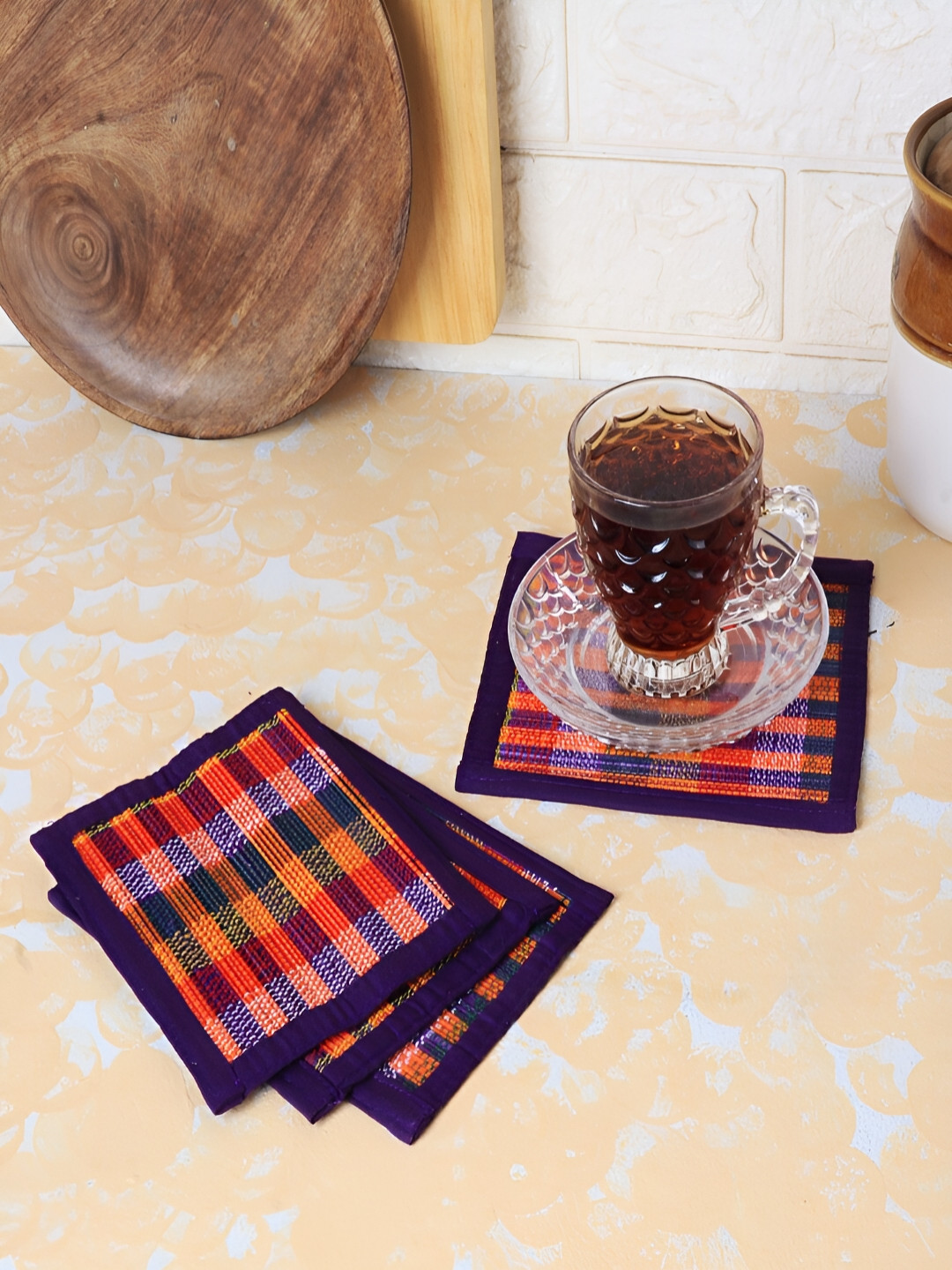Silpakarman Purple & Red 4 Pieces Patterned Bamboo Sticks & Cotton Threads Square Coasters
