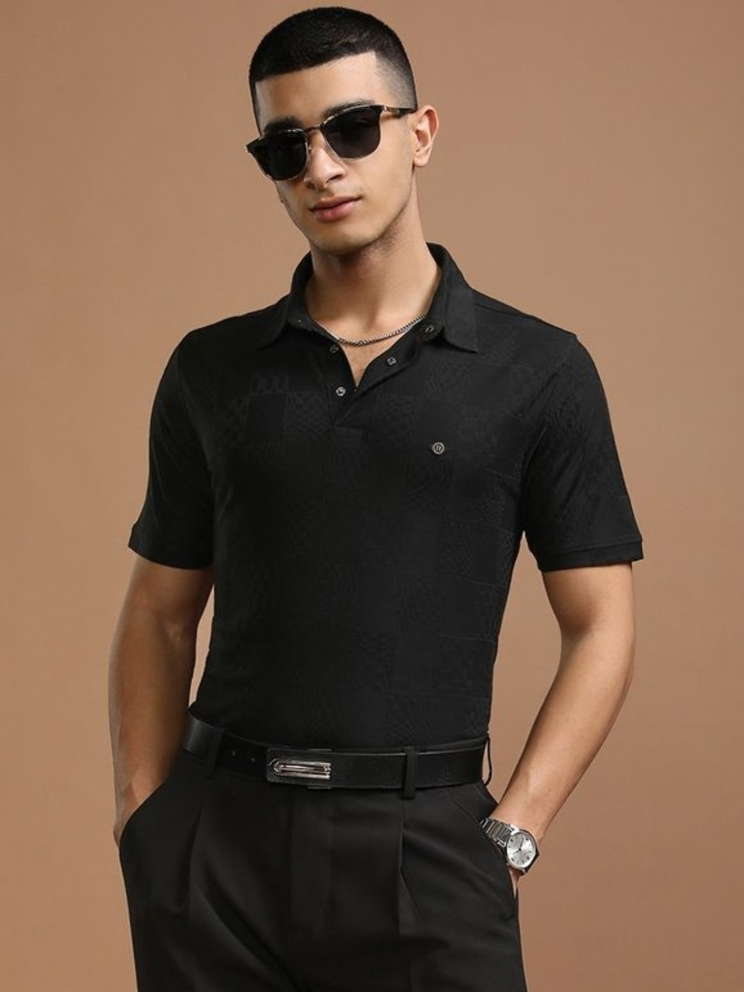 HIGHLANDER Men Self Design Polo Collar T-shirt