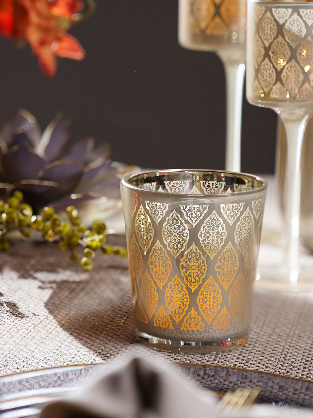 Pure Home and Living Gold-Toned Ethinic Motifs Printed Pearl Finish Votive Candle Holder