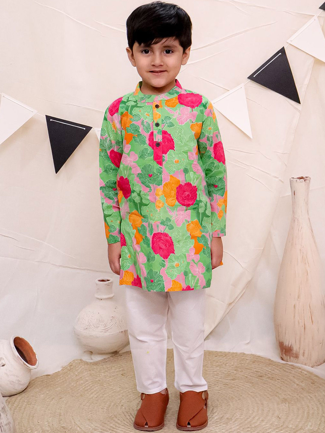 Ka-mee Boys Mandarin Collar Floral Printed Pure Cotton Straight Kurta with Trouser