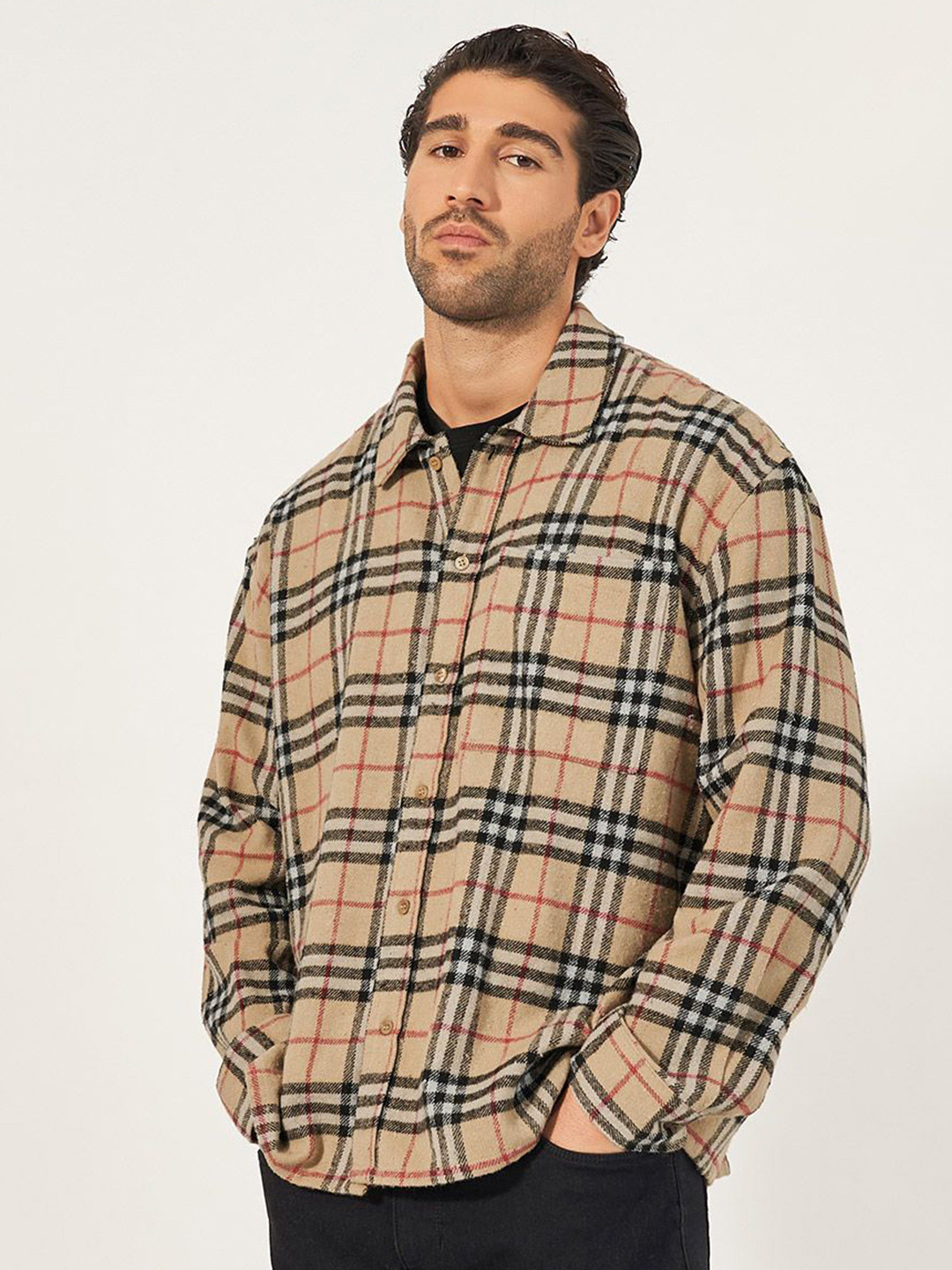 Styli Men Heritage Brushed Flannel Checkered Oversized Shirt with Patch Pocket