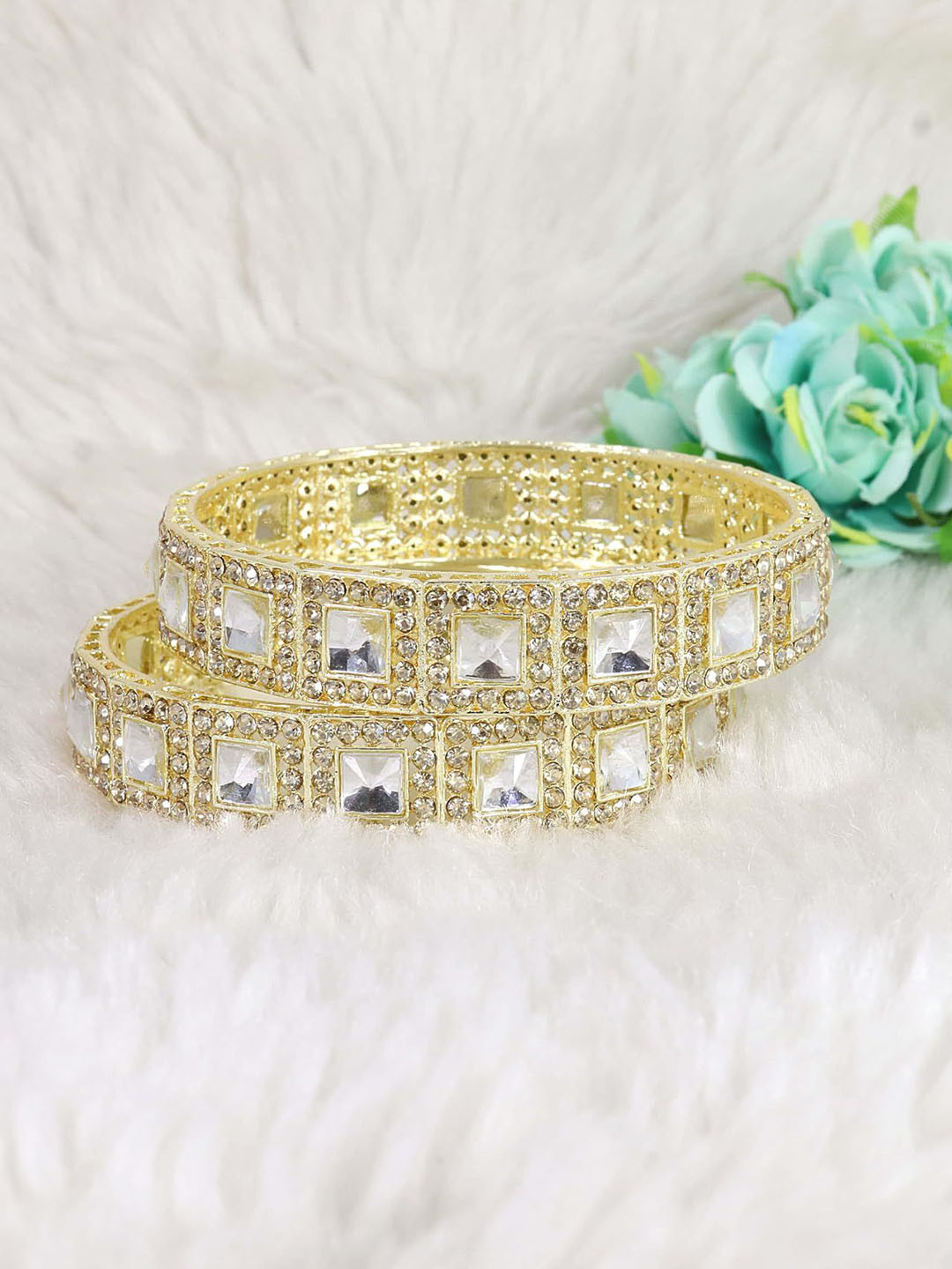 ZULKA Set of 2 Gold-Plated Zircon Diamond & Kundan Mirror Bangles