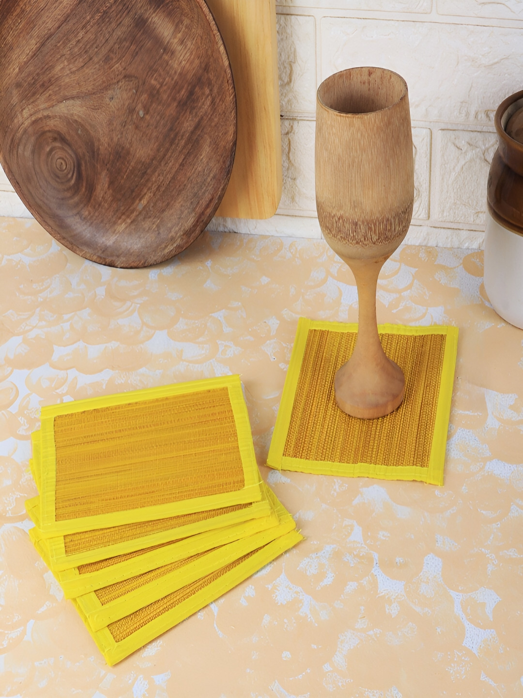 Silpakarman Yellow & Beige 6 Pieces Textured Bamboo Square Coasters