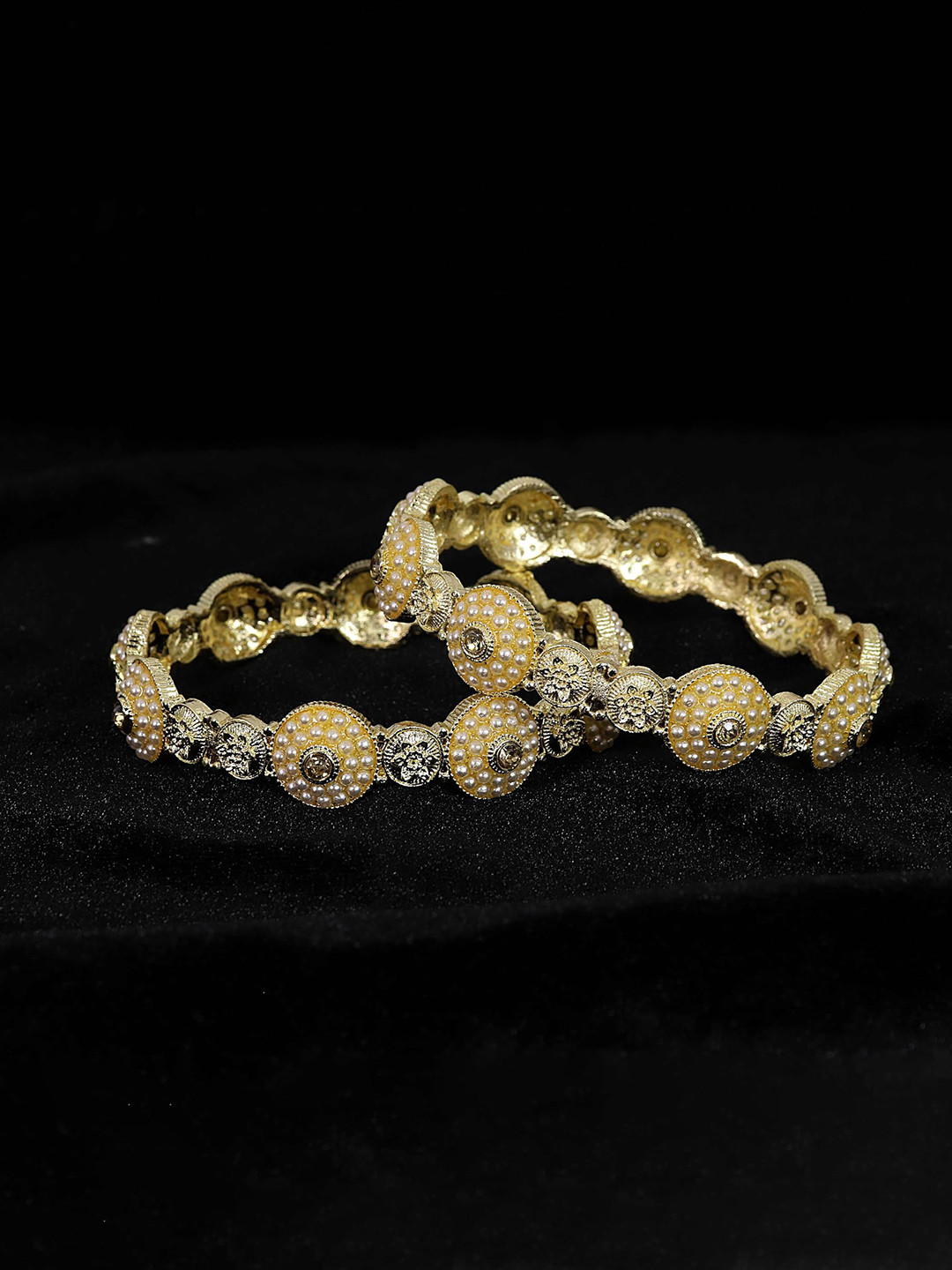 ZULKA Set of 2 Premium Metal White Pearls Moti & Zircon Stone Pacheli Bangles