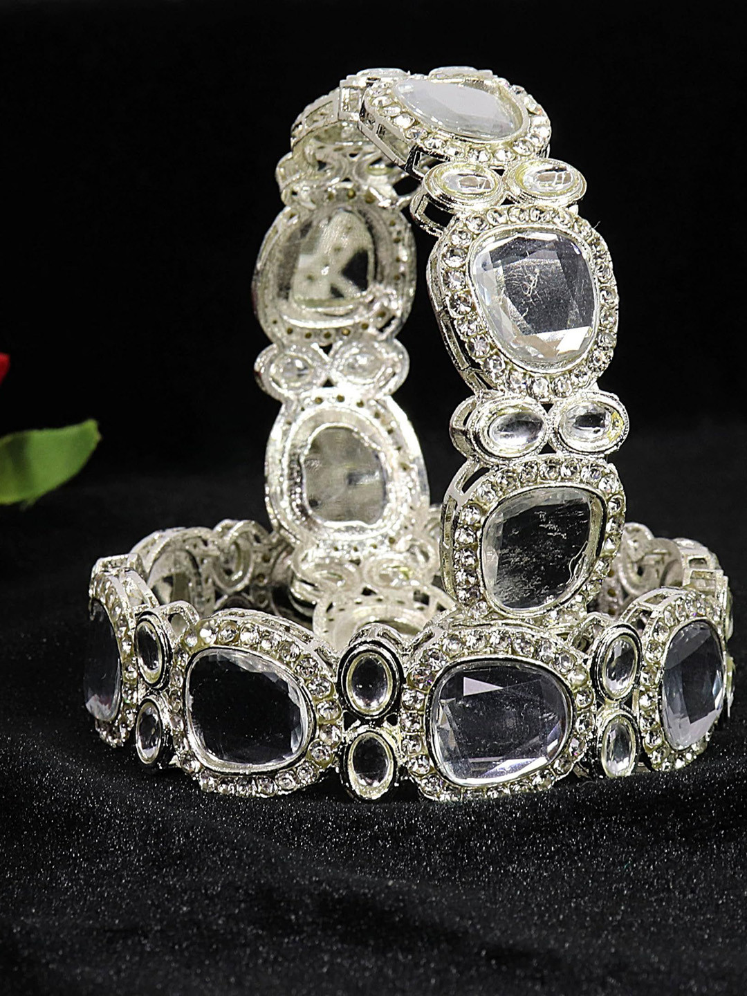 ZULKA Set of 2 Fancy Metal Zircon Stone & Kundan Mirror Work Bangles