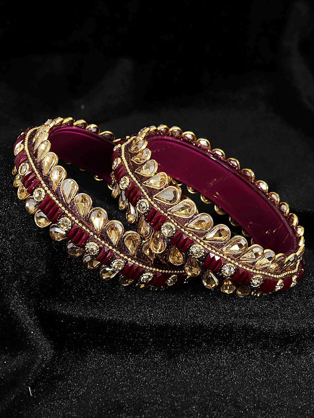 ZULKA Set of 2 Purple & Gold-Toned Kundan & Zircon Kada Bangles