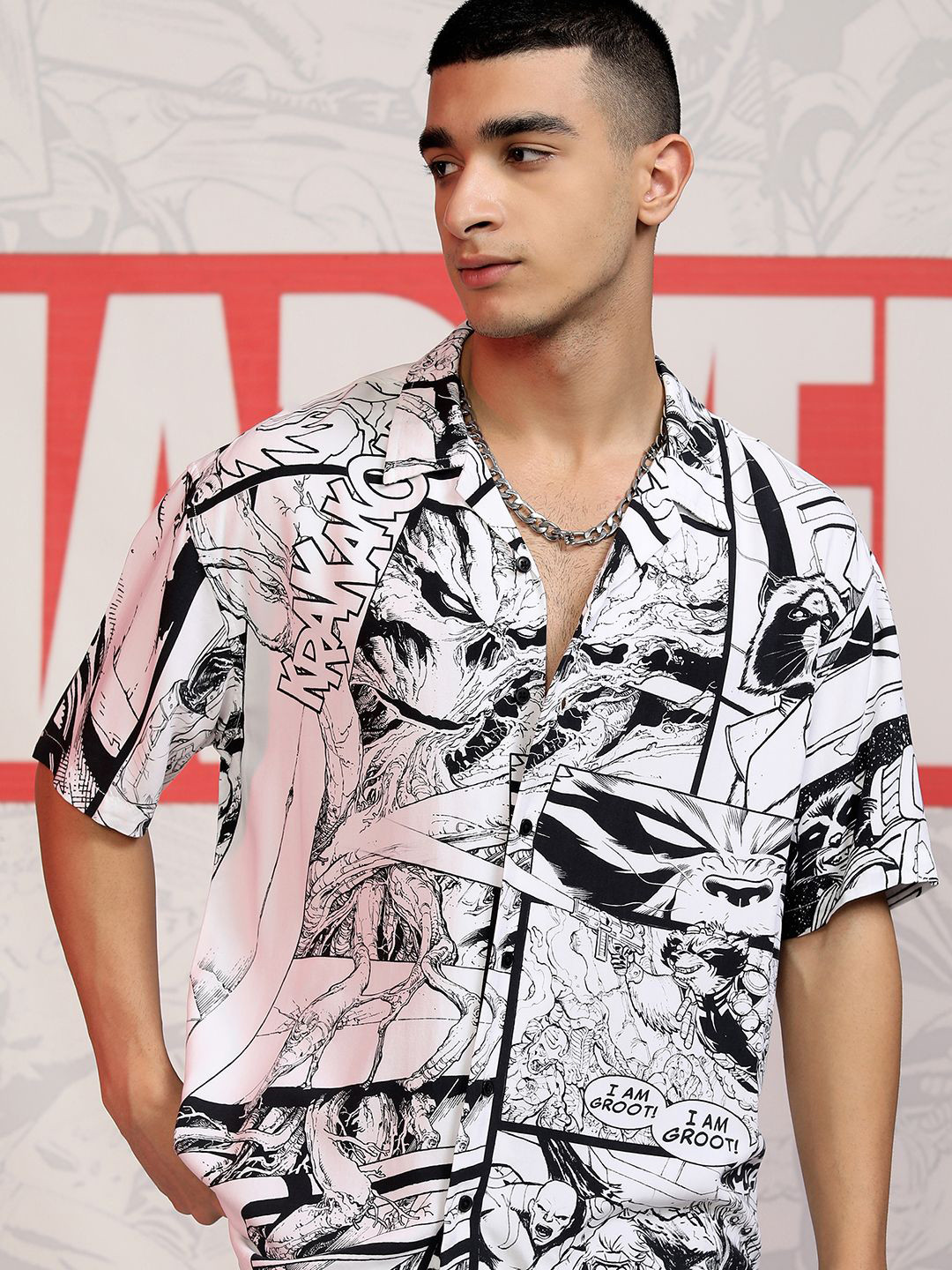 HIGHLANDER Marvel Groot Men Printed Cuban Collar Viscose Relaxed Shirt