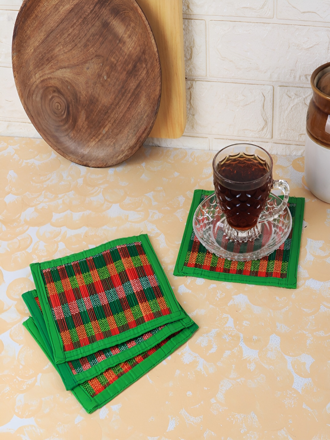 Silpakarman Green & Red 4 Pieces Checked Bamboo Square Coasters