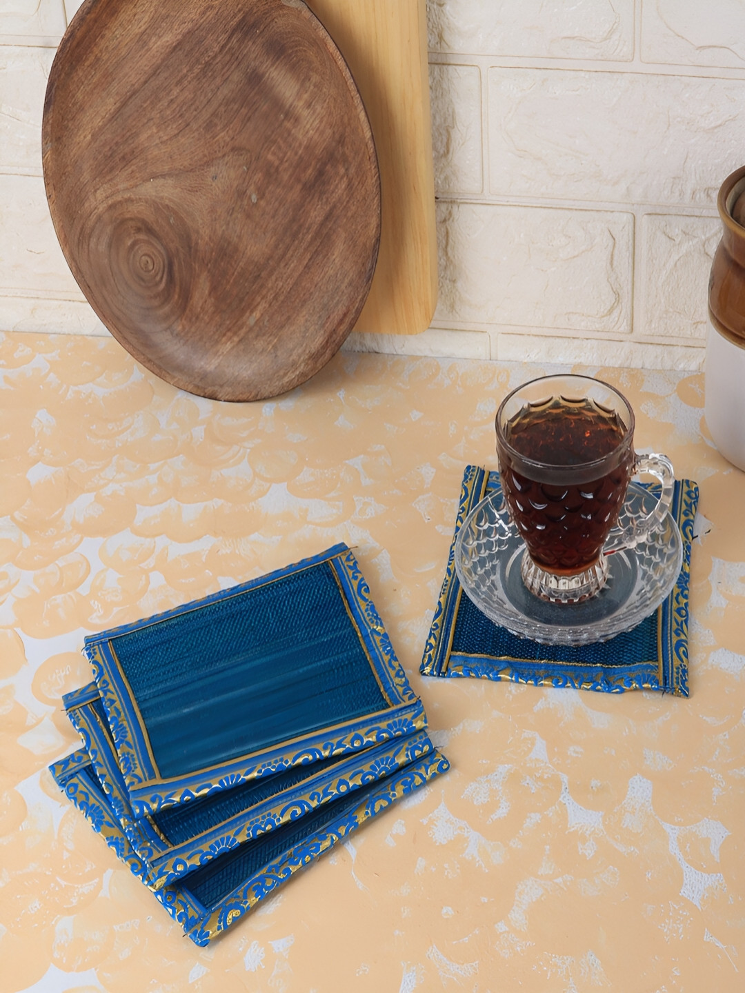 Silpakarman Blue 4 Pieces Patterned Bamboo Sticks & Cotton Threads Square Coasters