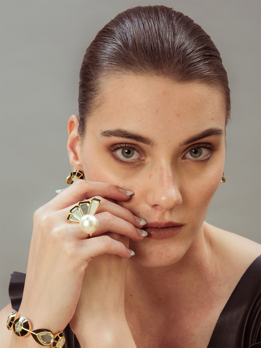 Isharya Gold Plated Pearls Front Open Finger Ring