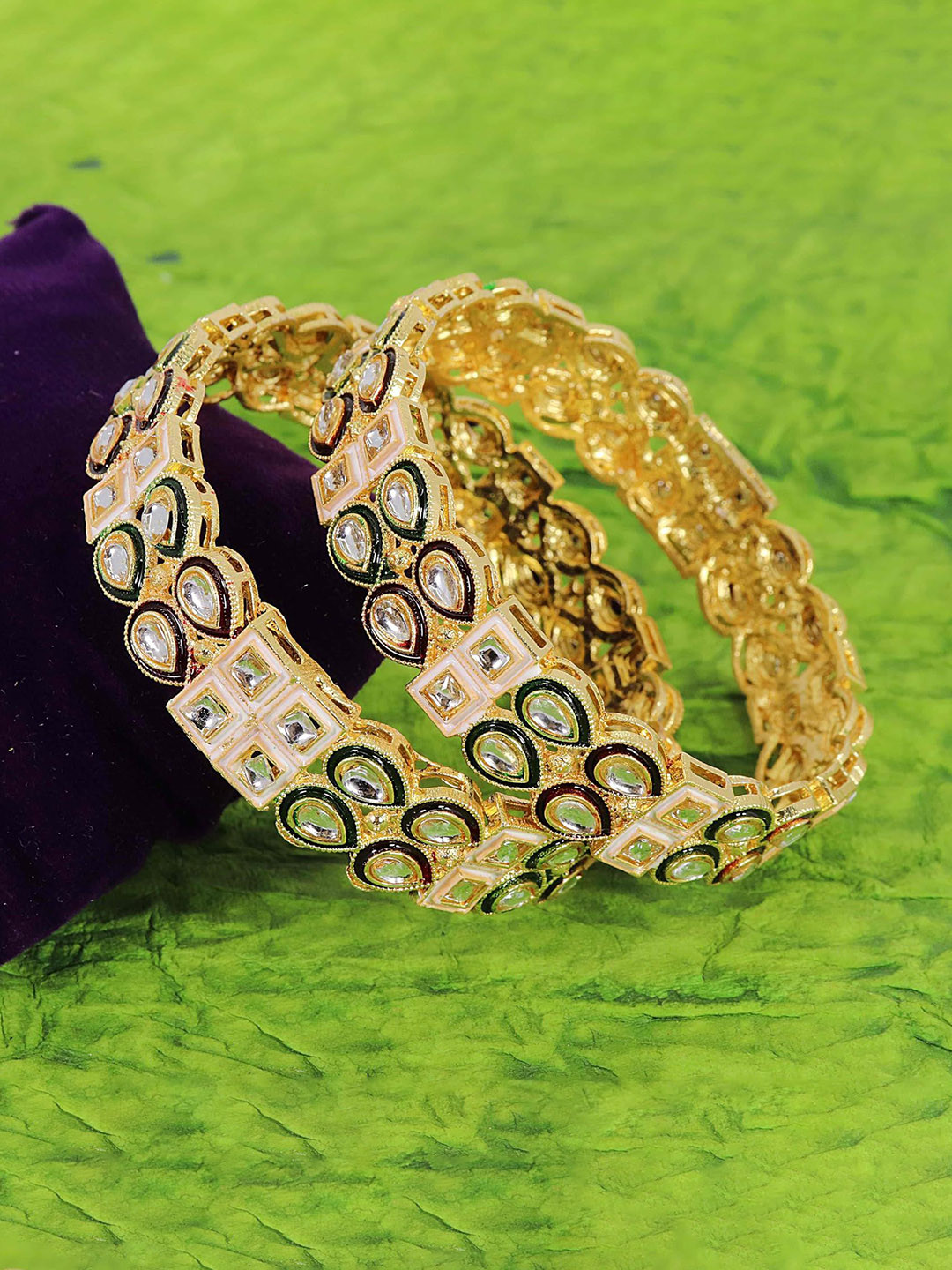 ZULKA Set of 2 Traditional Metal with Zircon Stone & Kundan Mirror Work Bangles