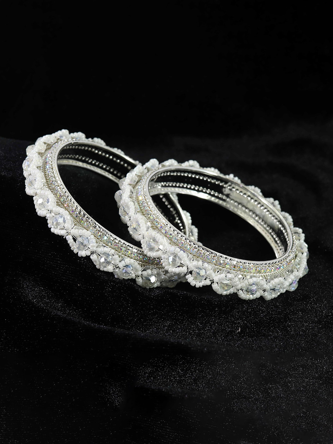 ZULKA White Set Of 2 Pearls Moti & American Diamond Premium Metal Bangles