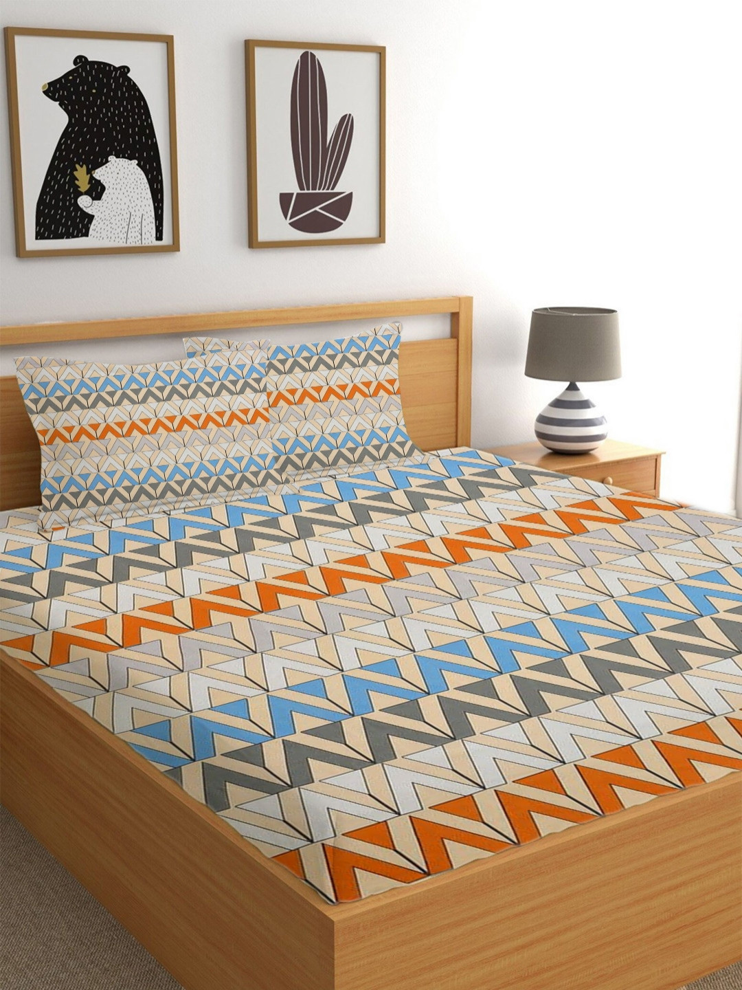 THE little BIG STORE Beige Geometric Polycotton 300 TC Fitted King Fine Bedsheet with 2 Pillow Covers-72 x 78 inches