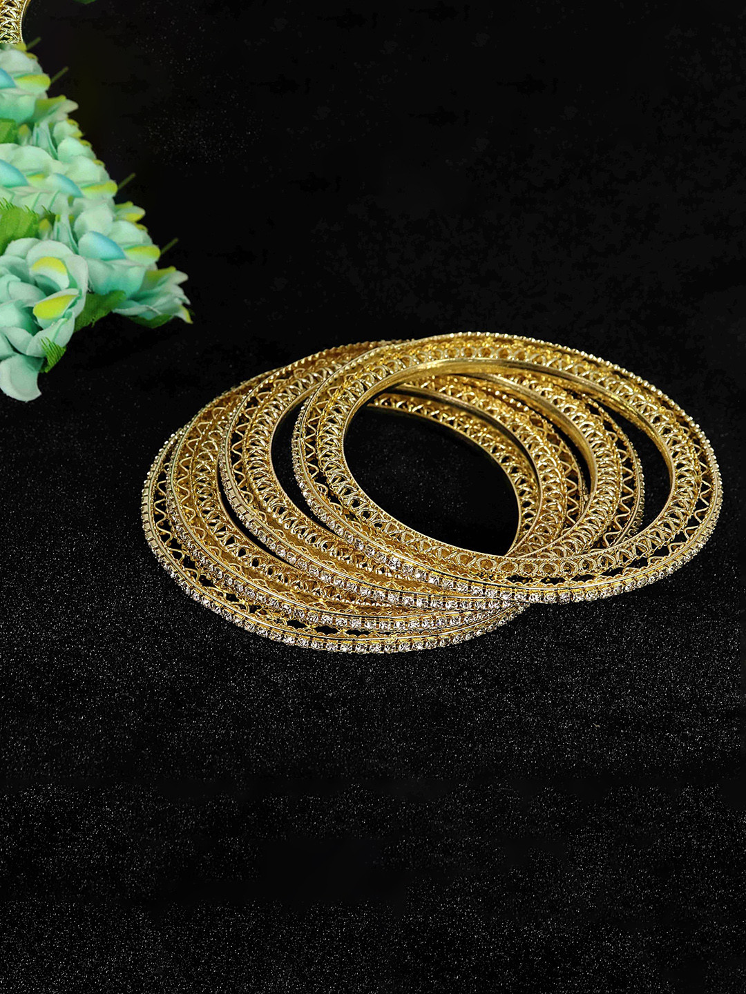 ZULKA Set of 4 Traditional Gold Golden Zircon Diamond Stone Metal Bangles